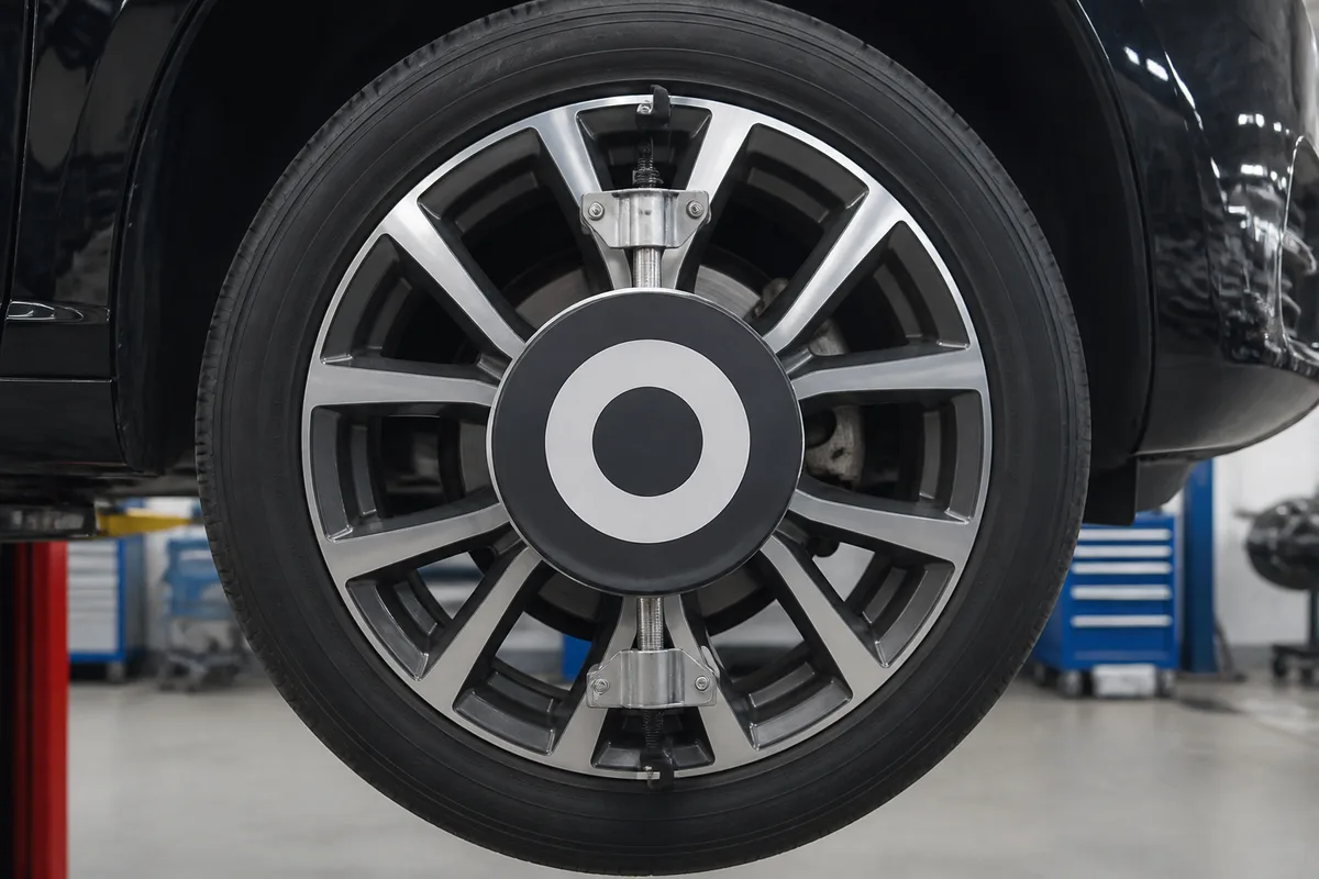 Cibles de géométrie fixées sur les roues d&rsquo;une voiture installée sur un pont d&rsquo;atelier