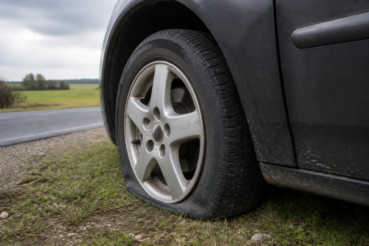 Roue avant d&rsquo;une voiture arrêtée sur un bas-côté avec pneu visiblement dégonflé