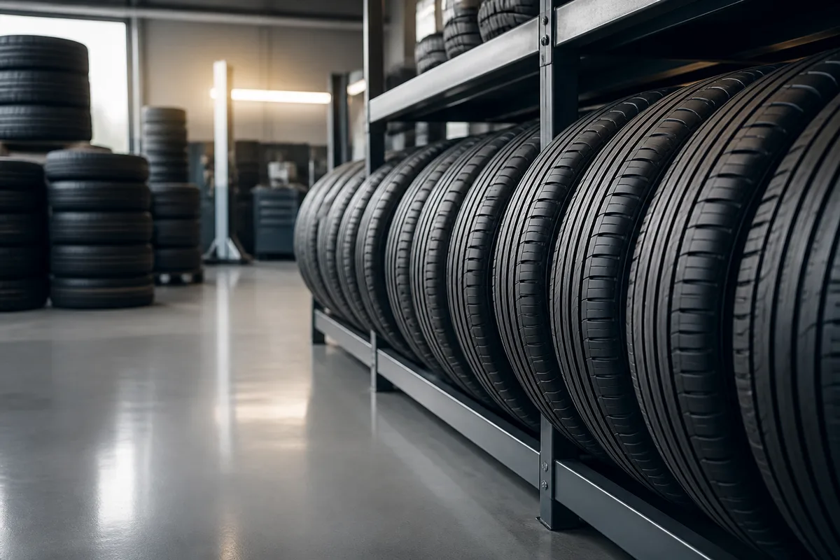 Rangée de pneus neufs stockés verticalement dans un atelier lumineux